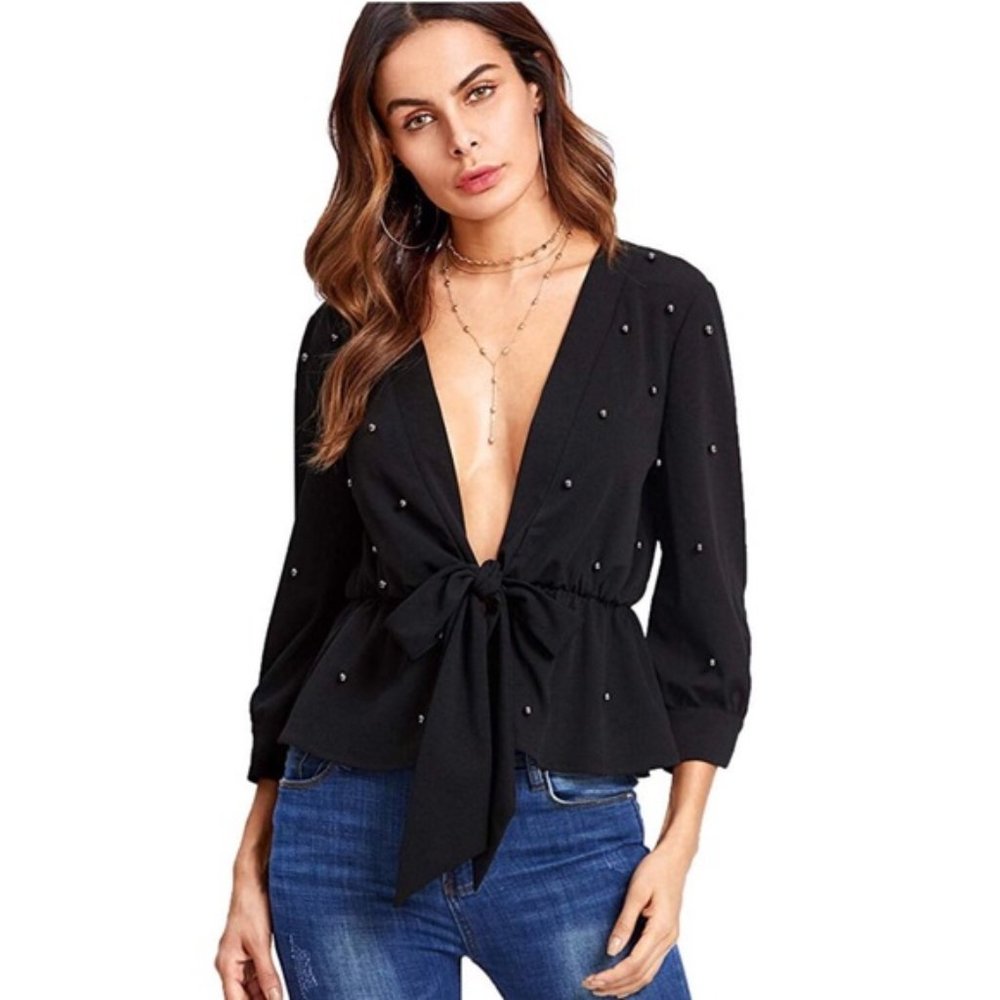 SHEIN Tie front studded cardigan
